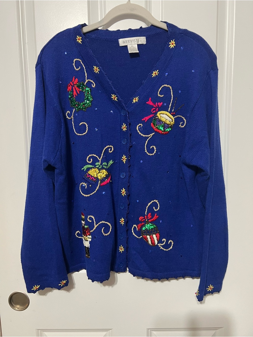 Vintage Arriviste Blue Sequin Christmas Cardigan Sweater - Size XL